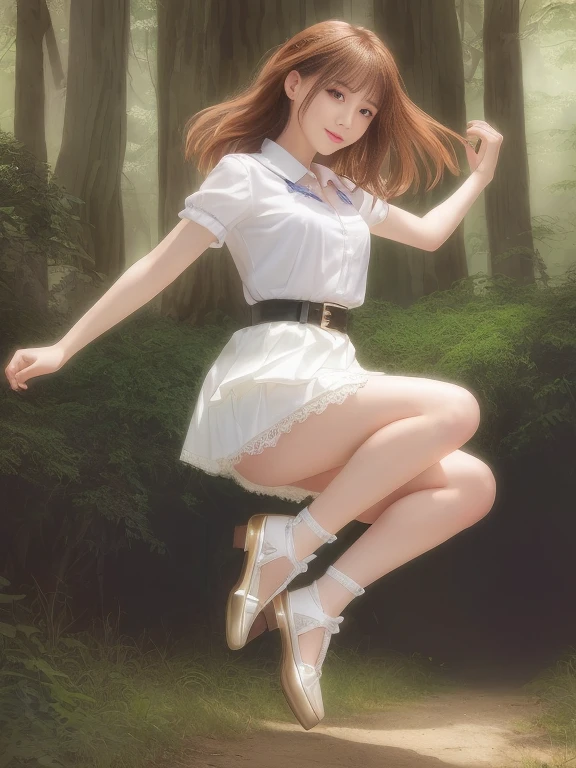 Realistic photo-quality backgrounds、A path leading deep into the forest from the front、Jump into the air20Images of old women、Cute and playful poses of idols, Beautiful face with arms and legs, a hyperRealistic , She is dancing. Realistic,Jump pose、looking at the camera、Beautiful Model、Cute Smile、Detailed and beautiful eyes、A soft and gentle look、She is wearing a white top and a mini skirt