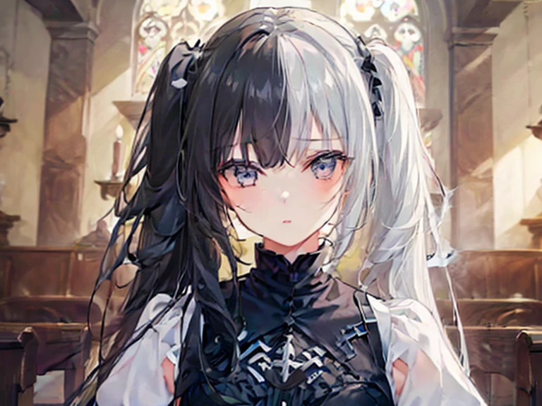 highest quality、highest quality、8k、Ultra-high resolution、highest quality、Very detailed、Perfect Face、Very detailed、Very delicate、1 boy, ((alone))、,Anime Style、church、Twin tails、(One Girl)、Two-tone hair, Black and White,Black and White、2 Tone,(hlfcol haired girl with black and white hair),(1 girl:1.9),left_right,