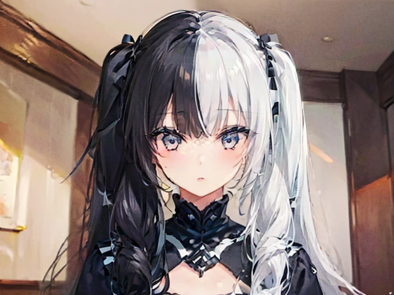 highest quality、highest quality、8k、Ultra-high resolution、highest quality、Very detailed、Perfect Face、Very detailed、Very delicate、1 boy, ((alone))、,Anime Style、church、Twin tails、(One Girl)、Two-tone hair, Black and White,Black and White、2 Tone,(hlfcol haired girl with black and white hair),(1 girl:1.9),left_right,
