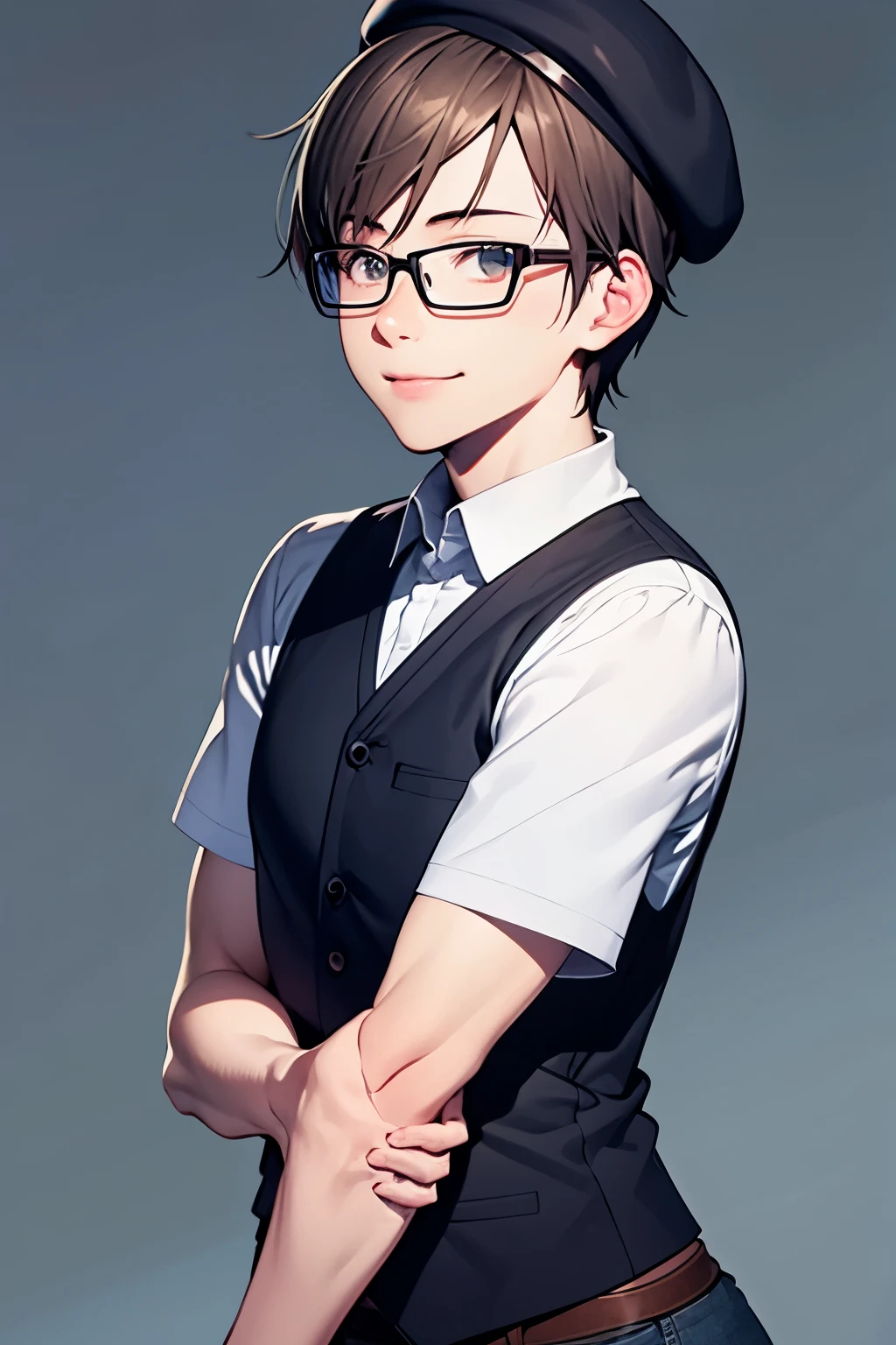 Young Man　Wearing a grey hat　Grey T-shirt and black vest　Front facing　smile　Black-rimmed glasses　Her hair is short　No background　1 person