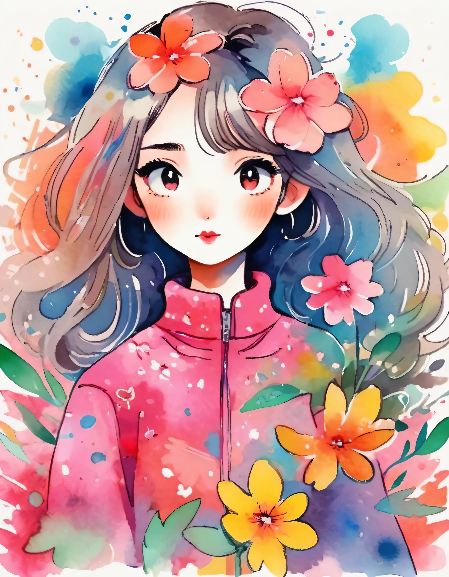 Momoko Sakura Style、(((stylish fashion))), 8K Quality、Intense watercolor, Detailed watercolor art, Watercolor splash, Surreal, avant-garde pop art, Beautiful and expressive paintings, Beautiful artwork illustration, Very colorful tones, wonderful, Cool beauty, highest quality、Official Art, Vector art, Stylish design, (((The most beautiful girl))), (((highest quality))), HDR, ((detailed)), (((Doodle Art)), ((masterpiece)), ((Super detailed)), (((Colorful flowers))),(((Stylish)))
