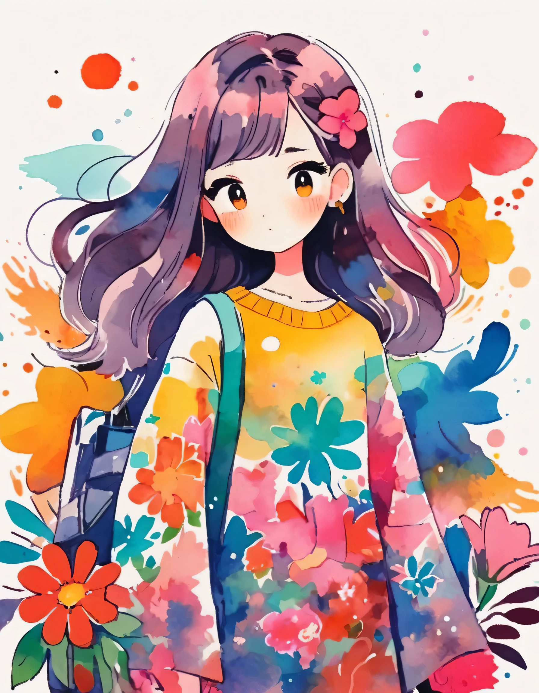 Momoko Sakura Style、(((stylish fashion))), 8K Quality、Intense watercolor, Detailed watercolor art, Watercolor splash, Surreal, avant-garde pop art, Beautiful and expressive paintings, Beautiful artwork illustration, Very colorful tones, wonderful, Cool beauty, highest quality、Official Art, Vector art, Stylish design, (((The most beautiful girl))), (((highest quality))), HDR, ((detailed)), (((Doodle Art)), ((masterpiece)), ((Super detailed)), (((Colorful flowers))),(((Stylish)))