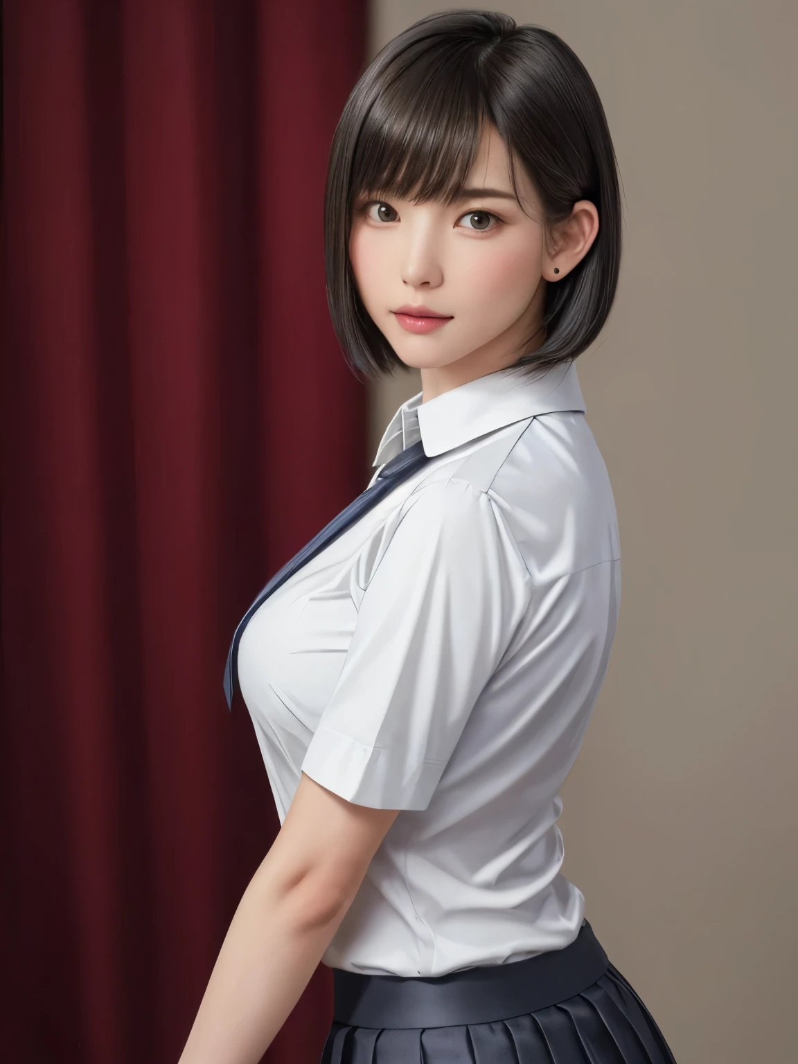 (masterpiece:1.3), (Realistic, RAW Photos, highest quality: 1.4), (One Girl), Beautiful Face, (超Realistic Face、シンメトリーのBeautiful Face), (Short black hair, short hair:1.6、bangs:1.3、Show off your beautiful ears), Beautiful Hairstyles, (Realistic eyes), Beautiful details, Long eyelashes, (Realistic Skin), Beautiful Skin, [Big Breasts:1.3], {huge|big|hugeな|Mega} chest, (Perfect body:1.3), (Detailed body:1.2), (tie), (Collared shirt, Pleated skirt:1.3), Absurd, charm, Ultra-high resolution, Ultra-realistic, Very detailed, Golden Ratio,Very cute beautiful woman、28 years old、Beautiful angle from the back