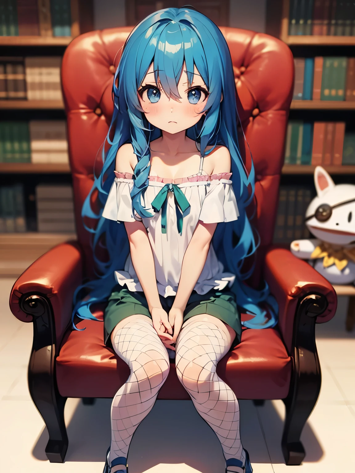 Yoshino Astral Dress、Long Hair、blue eyes、ribbon、Hair between the eyes、Blue Hair,(cropped:1.5),Off the shoulder,Shorts,Fishnet tights,(Perfect hands),(Perfect Anatomy),(masterpiece),(highest quality),Embarrassed,blush,library,Sitting in a chair