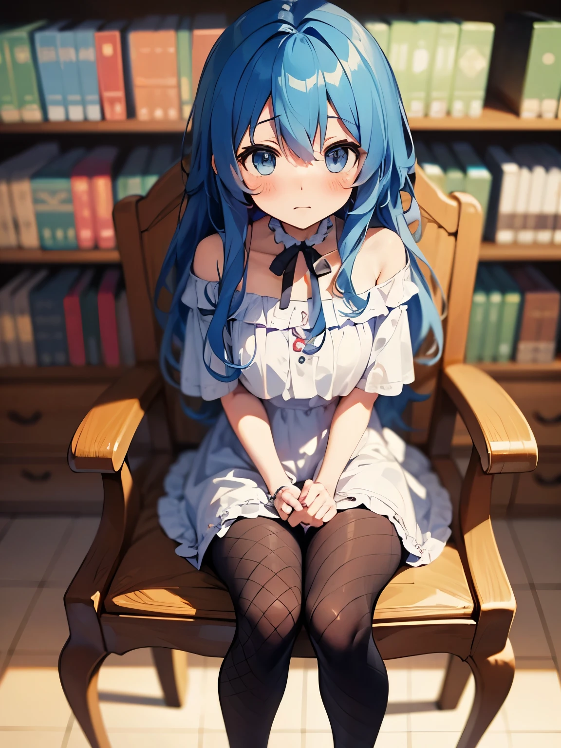 Yoshino Astral Dress、Long Hair、blue eyes、ribbon、Hair between the eyes、Blue Hair,(cropped:1.5),Off the shoulder,Shorts,Fishnet tights,(Perfect hands),(Perfect Anatomy),(masterpiece),(highest quality),Embarrassed,blush,library,Sitting in a chair