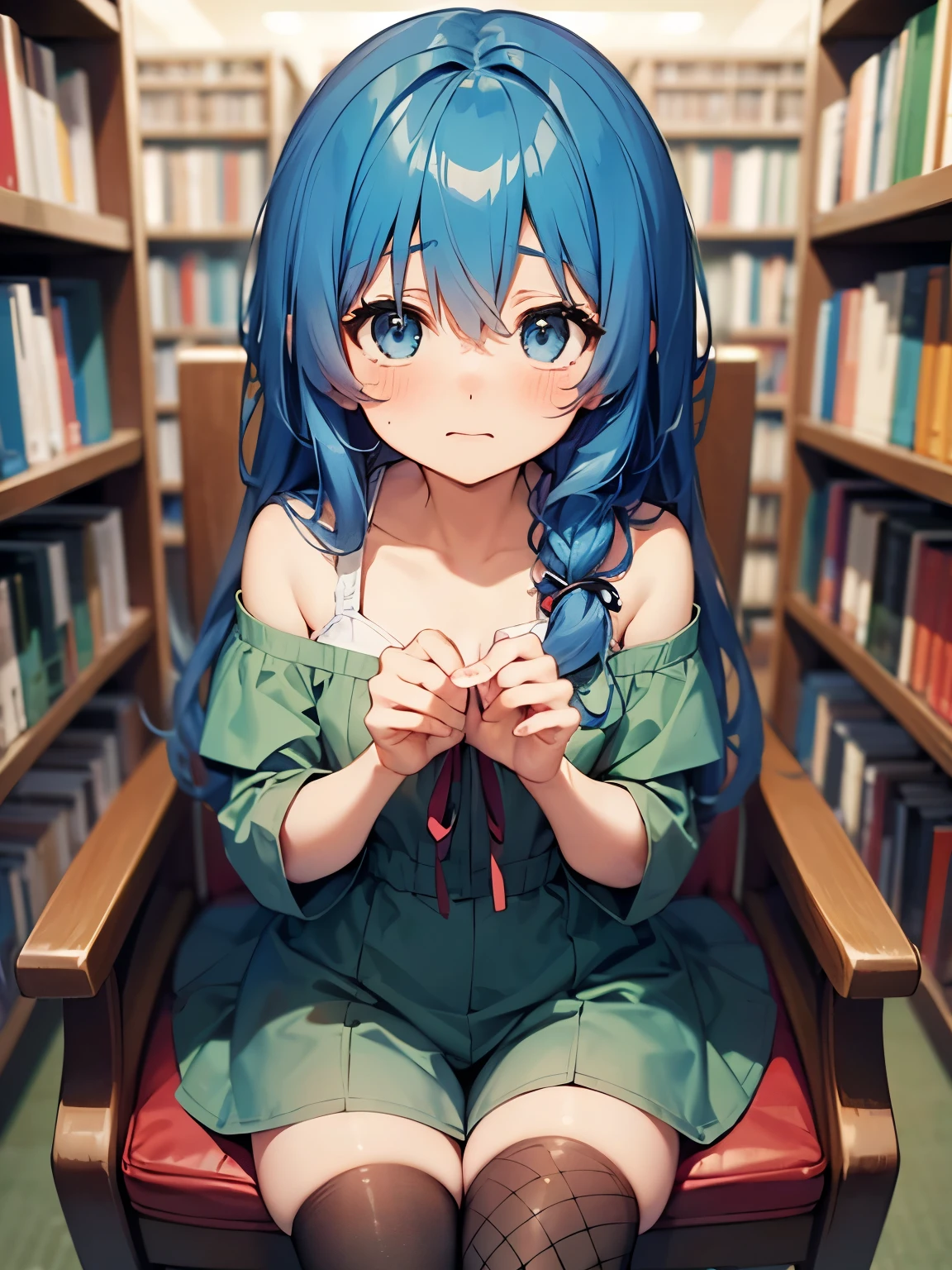 NSFW,Yoshino Astral Dress、Long Hair、blue eyes、ribbon、Hair between the eyes、Blue Hair,(cropped:1.5),Off the shoulder,Fishnet tights,(Perfect hands),(Perfect Anatomy),(masterpiece),(highest quality),Embarrassed,blush,library,Leaning forward,Lift your butt