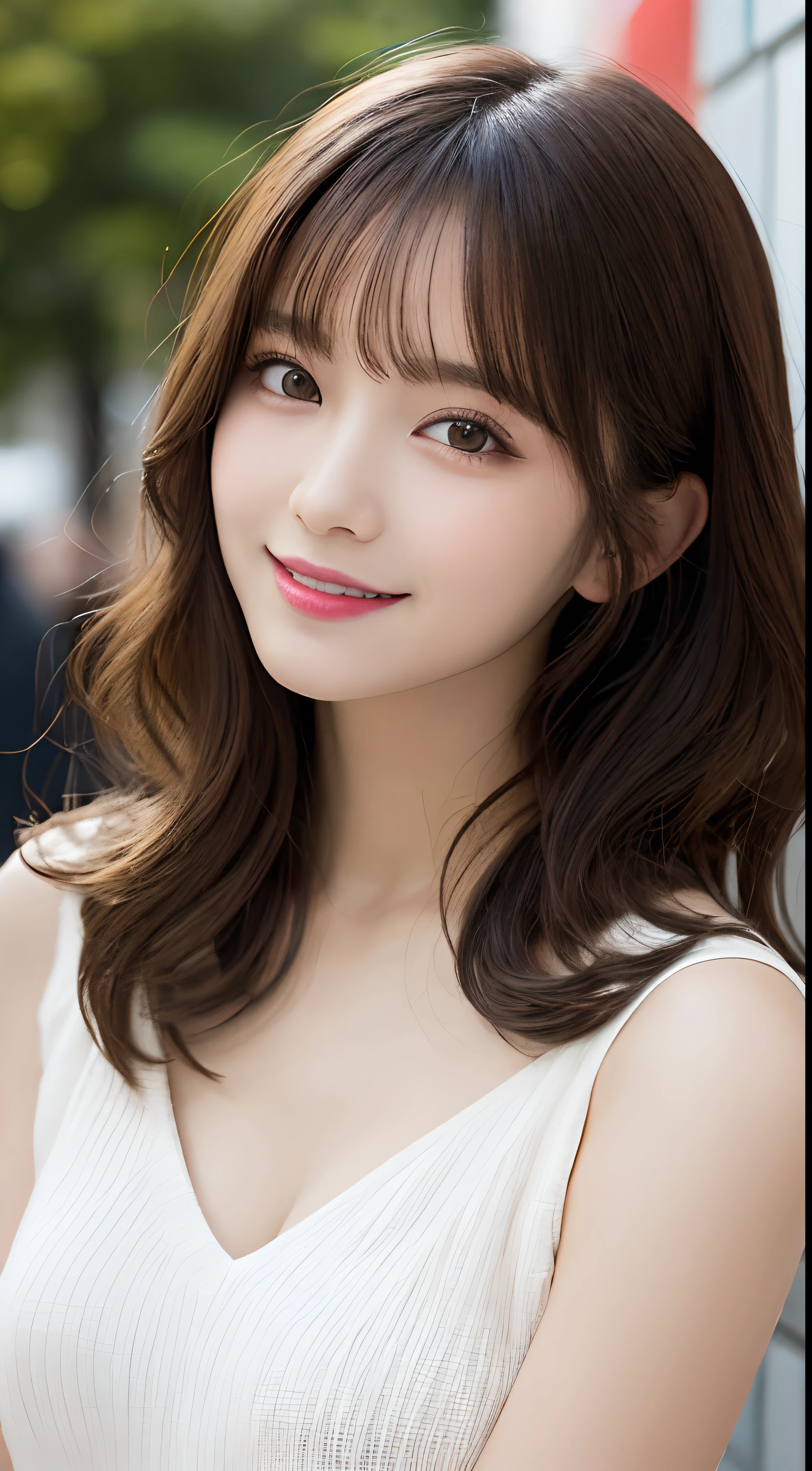 masutepiece, Best Quality, Illustration, Ultra-detailed, finely detail, hight resolution, 8K Wallpaper, Perfect dynamic composition, Beautiful detailed eyes, Women's Fashion🍂,Medium wavy hair,、Natural Color Lip, Bold sexy poses,Smile,Harajuku、20 years girl、Cute、Sexy shot looking at camera
