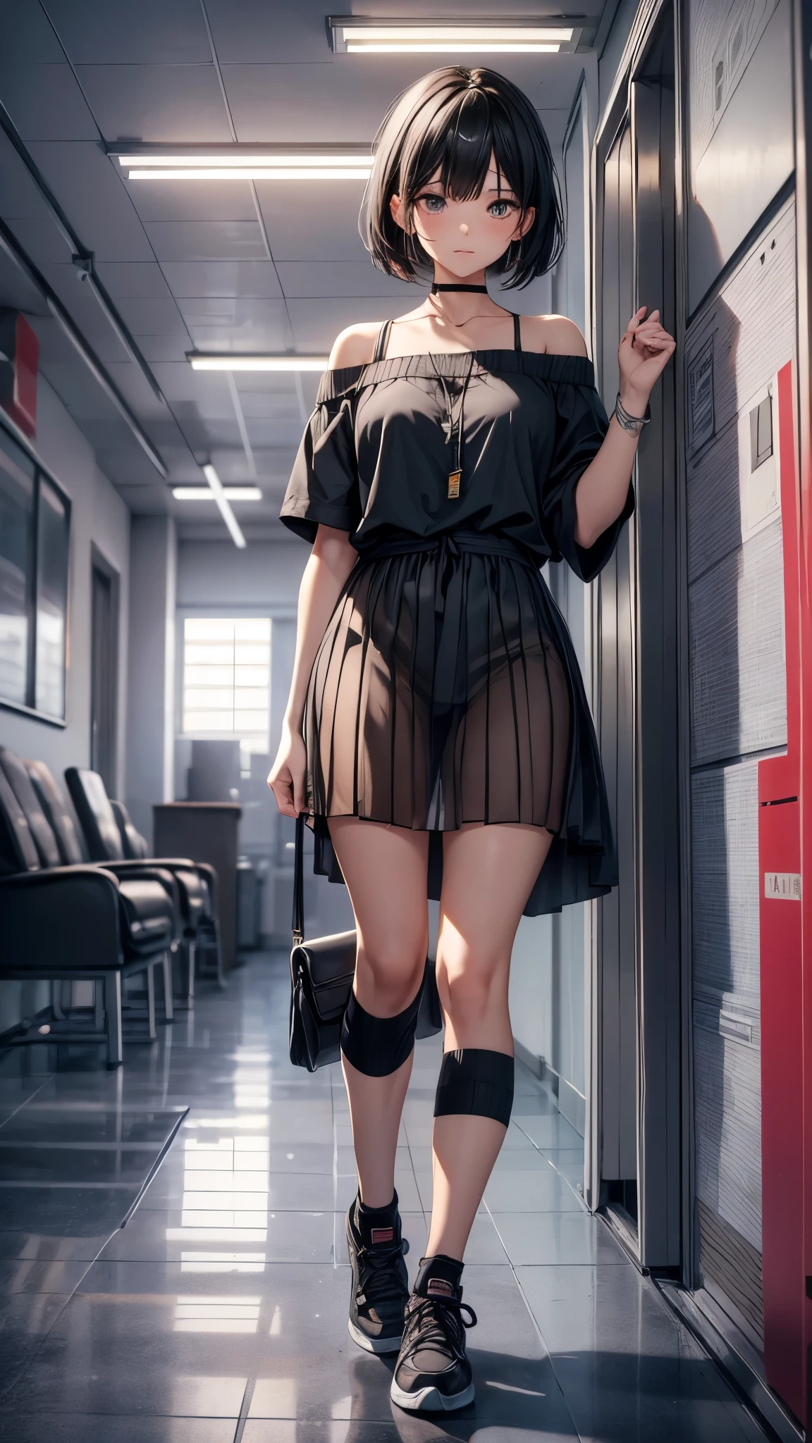 (Super detailed, realistic), hospital scene, [Moderately:Oil], [Professional:1.1], [Physically based rendering], [bright colors], [sharp focus], [studio lighting], [extreme details], [highest quality,4k,8K,High resolution,masterpiece:1.2],(detailed face),outside the streets,((One 18-year-old woman)),(short black hair),(dark), [nervous eyes],(casual ladies fashion,off shoulder,maxi length skirt,socks,pamps),