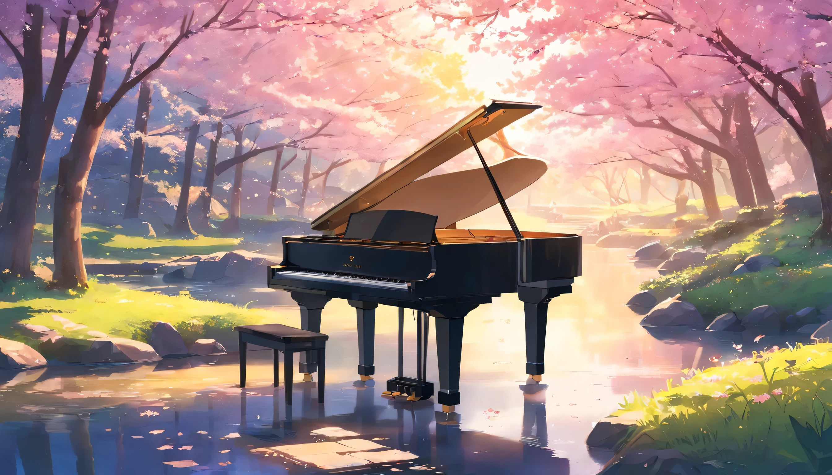 A grand piano in the middle of the woods near the river、Spring in Japan、Cherry tree in full bloom、Petals flutter、A small stream behind the piano、The splashes of water sparkle、There is no one、Grand piano only、Piano and chair by the river