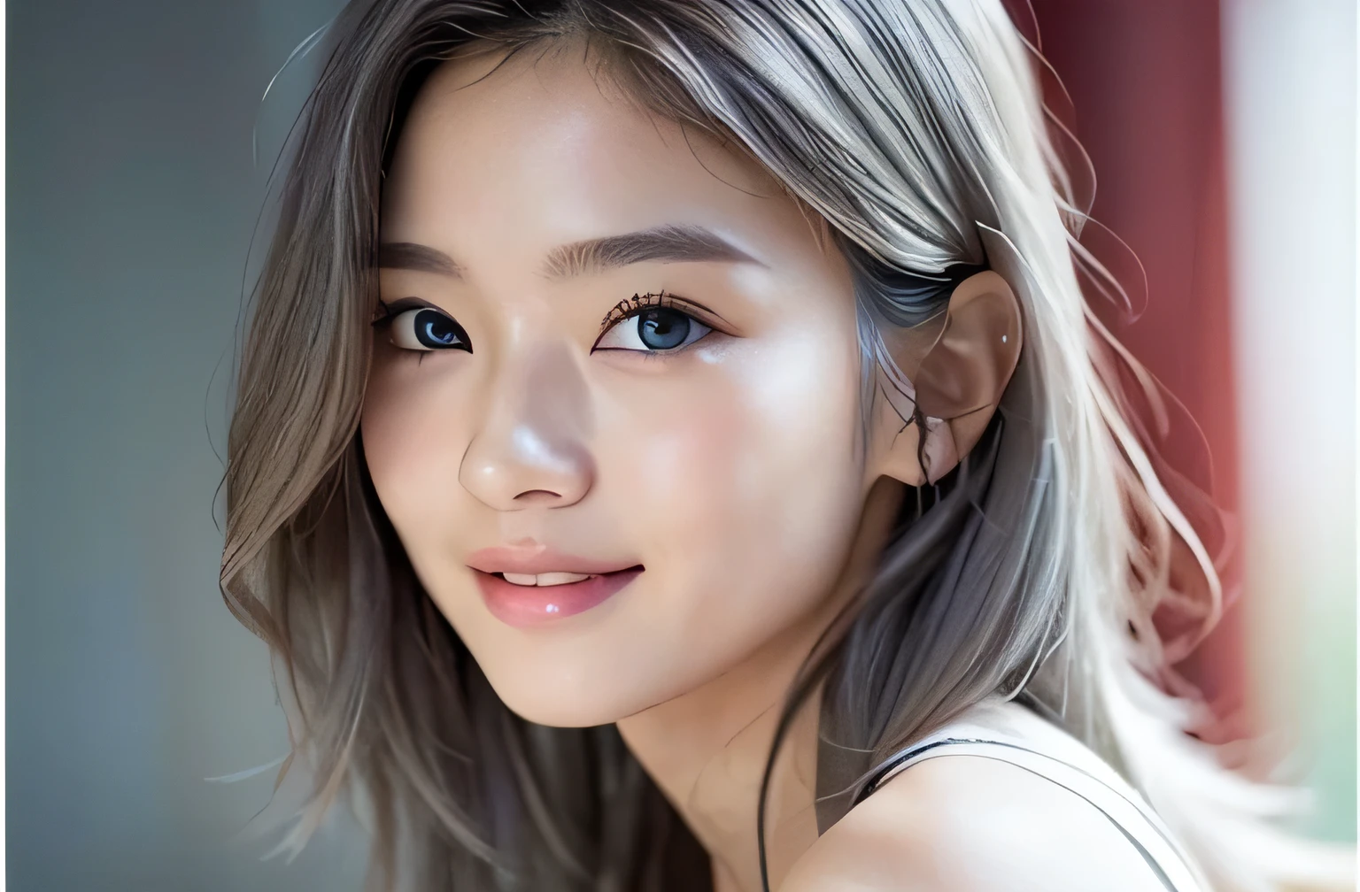 ((8k、sharp、masterpiece、highest quality、Realistic like a photo、Perfect Face、Small face、Very beautiful face、very cute、Fair skin and cute、Fair skin、Gray Hair、blue eyes、))、 19 years old、Butt、、Shiny skin, Moisturized Skin、Fair skin、Japan&#39;s top idols、Cool girl、Cute face、Perfect Face、Japanese Idols、Top Idol、19 years old:1.3、((Flowing gray hair:1.4、Beautiful blue eyes:1.3、double eyelid、Beautiful breasts、Thin legs、Beautifully shaped butt、Perfect style girl、Abdominal muscles、Gray Hair、Very well-groomed face、Cute face、))、Beautiful breasts、Professional Lighting、Portrait Shot、Smiling at the audience、blush、(White workout wear:1.3、)、((One girl in training))、Cleavage、((She is on all fours, sticking her butt out to the viewer...&#39;))、&#39;Gym、Cool girl