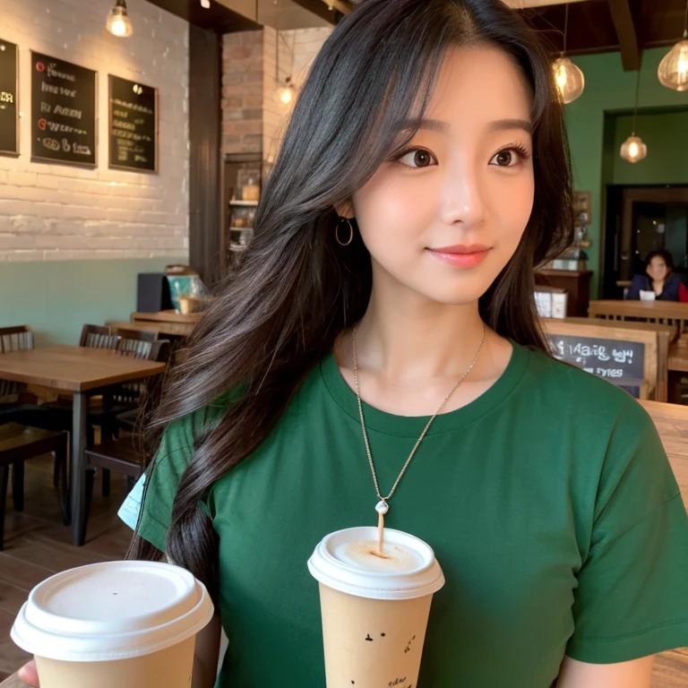 frontal photo Looking straight into the camera,8k quality,, Close-up photo of a cute Korean woman,Chest size 34 inches, His long hair flowed up.,) ponytail, Wear a dark green t-shirt., necklace, Inside the coffee shop,  Taken with a high quality camera 45,000,000 pixels, realistic light colors, 
