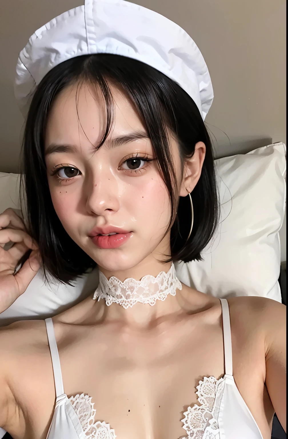 Instagram Photos, Slender Nurse, Black Hair, Short Bob, topless, Big Breasts, ((Nurse cap)), (White lace leotard), Exposed shoulders, choker, jewelry, Earrings, facial, Drinking sperm, throw, Sticking out tongue , Open your mouth, close your eyes, (Eye for detail), Highly detailed iris, eye contact, Surprised expression, Tan Lines, 8k, Extremely detailed, High resolution, ((Sleeping on your back)) , I&#39;m holding the pillow in my hands..., look. Transparent leotard, Covered nipples, ((Eyebrows furrowed.)),