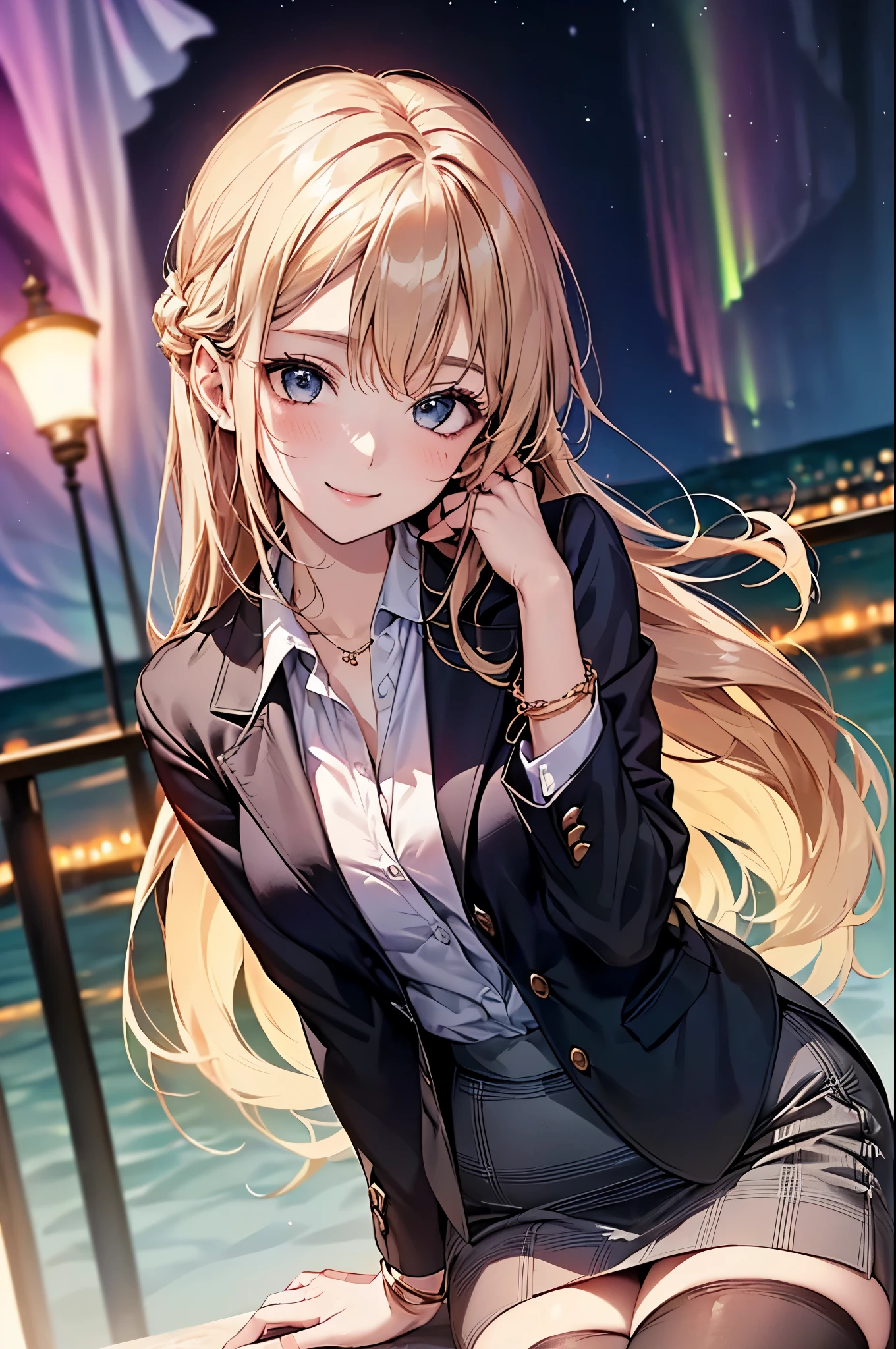 ((Biologically correct limb count))、(( whole body including face))、4K、Masterpiece、((Focus on the face))、((Symmetrical, well-proportioned facial features))、Eyes with delicate depictions、(((1 person)))、Beautiful woman、Outstanding style、Slender Body、(High heels with anklets)、(((Black jacket、blazer、shirt、Checked Skirt、stockings))、(((Behind is a photo of the fantastic aurora)))、(Shy、smile)、Upper body close-up、(Sidelong glance)、High angle、night、