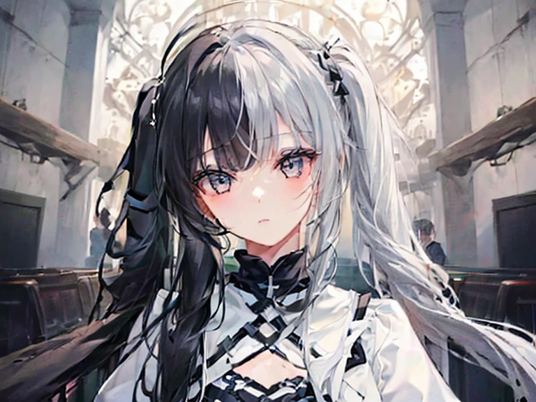 highest quality、highest quality、8k、Ultra-high resolution、highest quality、Very detailed、Perfect Face、Very detailed、Very delicate、1 boy, ((alone))、,Anime Style、church、Twin tails、(One Girl)、Two-tone hair, Black and White,Black and White、2 Tone,(hlfcol haired girl with black and white hair),(1 girl:1.9),left_right,
