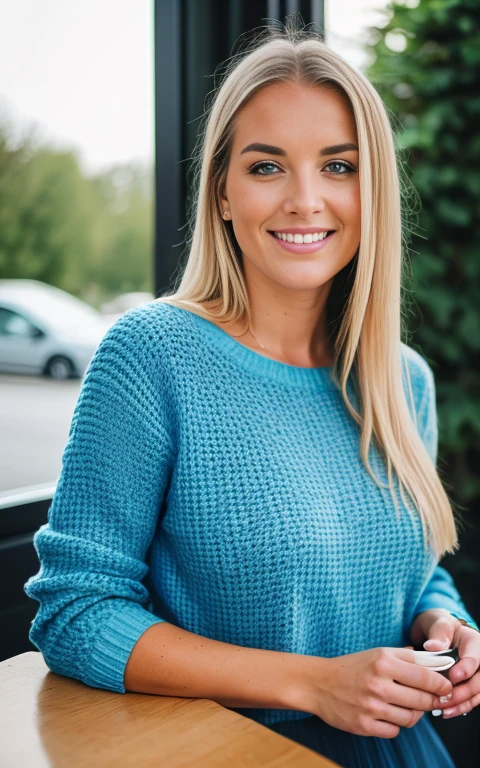 (Helena von Lovi) Photo of a stunningly beautiful woman, 24 Jahre alt, perfectly fitting body, big Blaue Augen, langes, unordentliches, windiges blondes Haar, Blaue Augen, beautiful blonde in yellow sweater (Drinking coffee in a modern cafe at sunset), sehr detailiert, 24 Jahre alt, unschuldiges Gesicht, Natural blonde hair, Augen wert, high resolution, Meisterwerk, Best quality, komplizierte Details, sehr detailliert, scharfer Fokus, DETAILLIERTE HAUT, realistisch skin Textur, Textur, detaillierte Augen, Fachmann, 4k, charming smile, gedreht mit Canon, 85mm, shallow depth of field, Kodak Vision Farbe, perfectly fitting body, extrem detailliert, Foto_\(Ultra\), photorealistisch, realistisch, Nachbearbeitung, Maximale Detailliertheit, Rauheit, wahres Leben, Ultra realistisch, Fotorealismus, Fotografie, 8k uhd, Fotografie