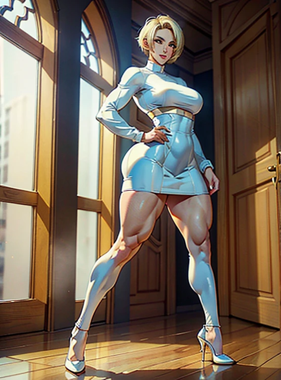 (Masterpiece), Sharp Image, full body, from feet to head full body view, standing straight, perfect anatomy, perfect hands, perfect legs, A white mature woman with blonde hair, tall woman, short hair, pixie hair (best quality), Ultra resolution, professional art, ultra detailed, perfect lighting, athletic body, strong and muscular, small perky breasts, tight long pencil skirt, white pencil skirt, expression seductive, female focus, blue eyes, smiles, yellow high heels, white stockings, White Tights, sexy toned legs