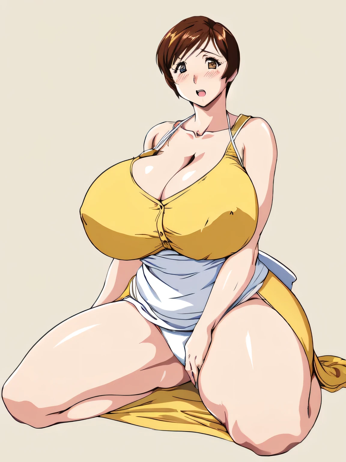 masterpiece, highest quality, High resolution, One girl, alone, alone, short hair, etsukoto, Fine grain, Fine grain, (((Thick thighs, Plump thighs, Voluptuous thighs, Enough thighs))), ((((gigantic and ample breasts, Cleavage, gigantic long breasts, Naughty big)))),((gigantic breasts are important))、((Naughty thighs)), L Cup, (thin:1.4),(Narrow waist:1.4), (Perfect beautiful yellow dress:1.4), ((white waist apron)), Surprised expression, (((Simple Background))), White panties, ((Wide Hips)), Shiny, oily skin, Mature mother, Calf, Seductive mature woman, Perfect body, Plus Size Model, etsukoto, blush, clavicle, retro artstyle, 1990s (style), full body, wariza, sitting, spread legs,