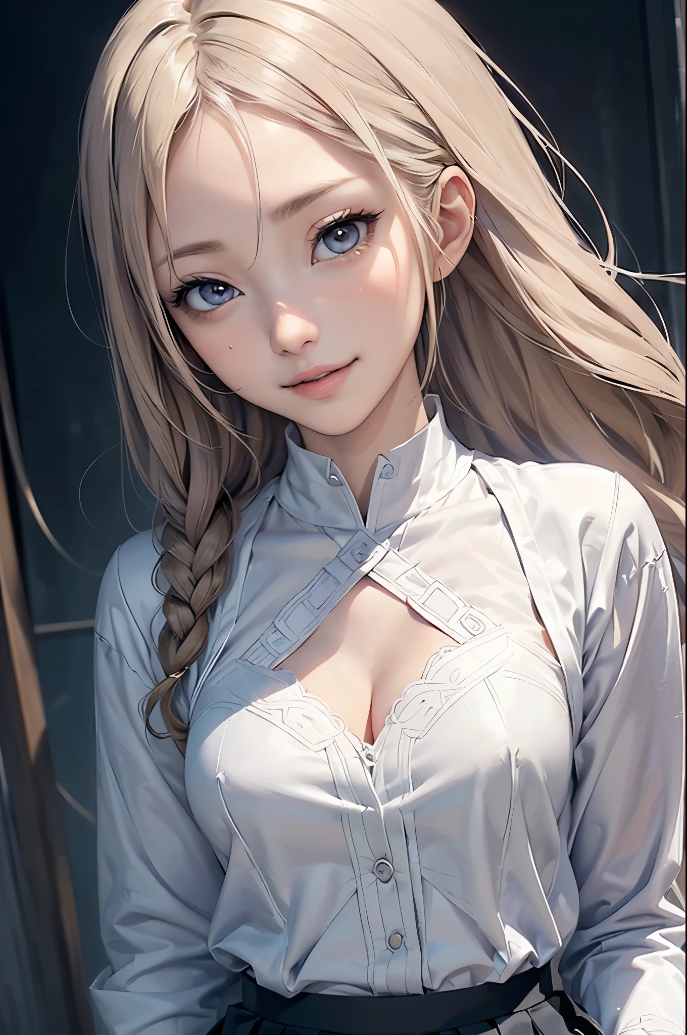 ((Biologically correct limb count))、(( Illustrations including faces))、4K、Masterpiece、((Focus on the face))、((Symmetrical, well-proportioned facial features))、Eyes with delicate depictions、Beautiful woman、Outstanding style、Slender Body、(shirt、High heels、((skirt)))、(Looking up、smile)、((Upper body close-up))、