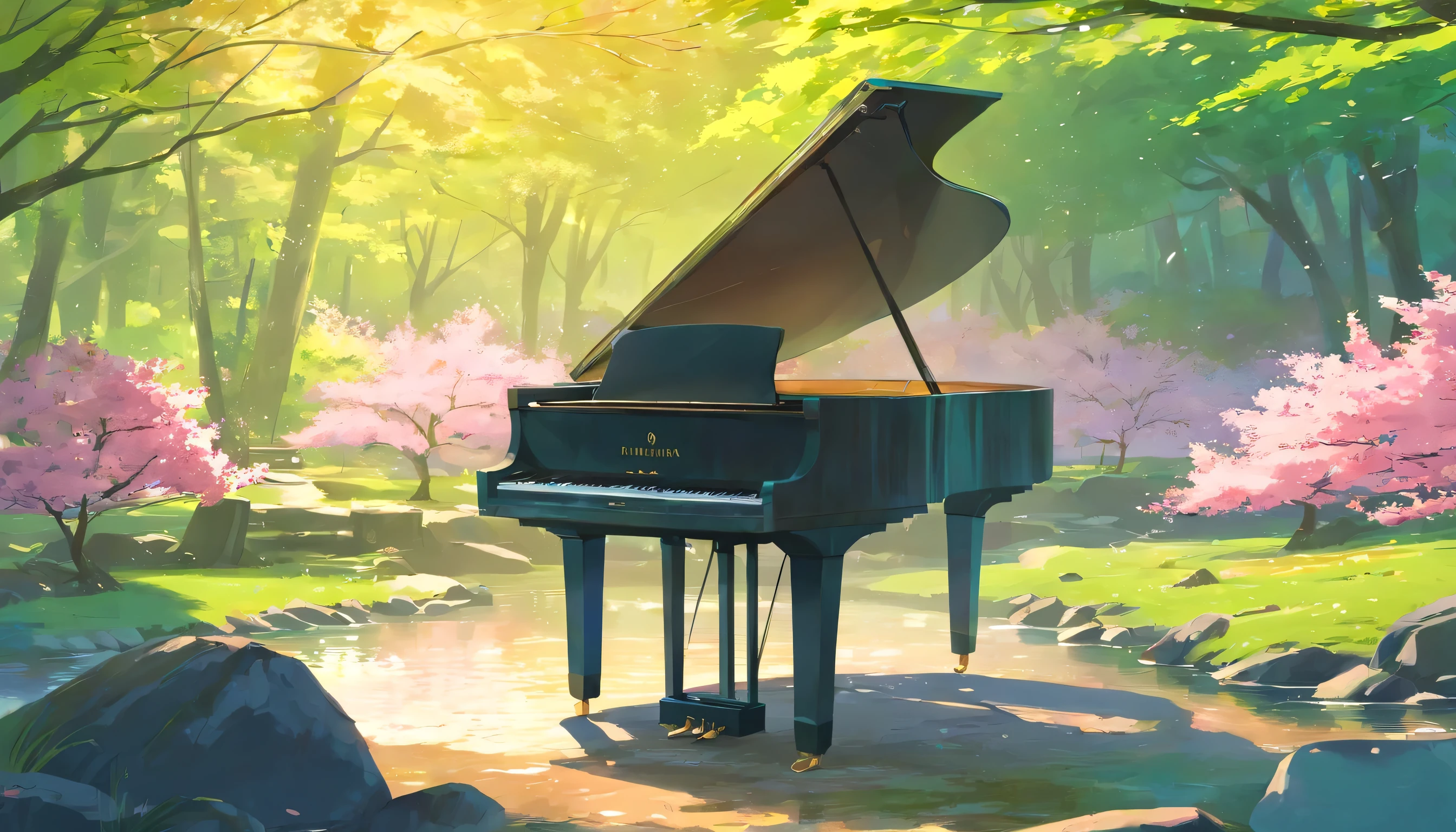 A grand piano in the middle of the woods near the river、Spring in Japan、Cherry tree in full bloom、Petals flutter、A small stream behind the piano、The splashes of water sparkle、There is no one、Grand piano only、Piano and chair by the river