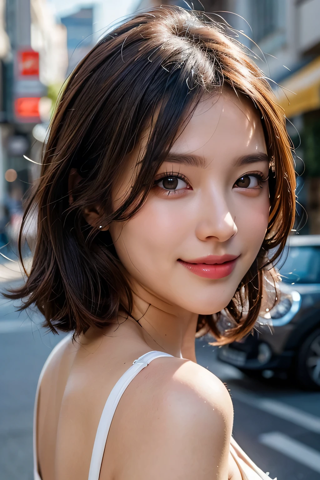 (8k, RAW Photos, highest quality, masterpiece, Realistic, Realistic), (1 female), (Ultimate beauty), Highly detailed face, (Perfect Teeth), Beautiful Eyes, double eyelid, eyelash, smile, Lip details, (Neat brunette bob), The light shines on your face, Big Breasts, ((Colorful mini dresses)), (front view), (background: none), Background blur