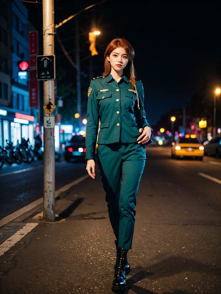(1 lady), (Best quality at best:1.4), (ultra - detailed), (extremely detailed CG unified 16k), A Beautiful Woman with Perfect Figure: 1.4, Sharp Focus: 1.2, very detailed, High-definition RAW color photo, professional photoshooting, amazing face and eyes, cosmetics, (amazingly beautiful girl), ((asuka)), ((police uniform, whole body police uniform, long sleeves olive dark green shirt, police uniform olive drak green pants)), standing, sexyposture,(Dark and stylish urban landscape, city lights, city lights:1.3), (look from down), realistic cinematic face, head to feet long wide zoomed out view, full body long view, photorealistic, ((realistic natural orange redhair style, blue eyes, long hair)), gorgeous, extremely beautiful face, perfect model beauty, pout mouth, Highly Detailed Face and Skin Texture, Detailed Eyes, Double Eyelids, Medium Breasts, Smile, cleavages, western, (masterpiece), best quality, high resolution, extremely detailed, blurred background, depth of field, cinematic lighting, amazing legs, combat boots, clear and well-cared skin, (((woman occupies most of the picture))), (photorealistic colors, photography colors)