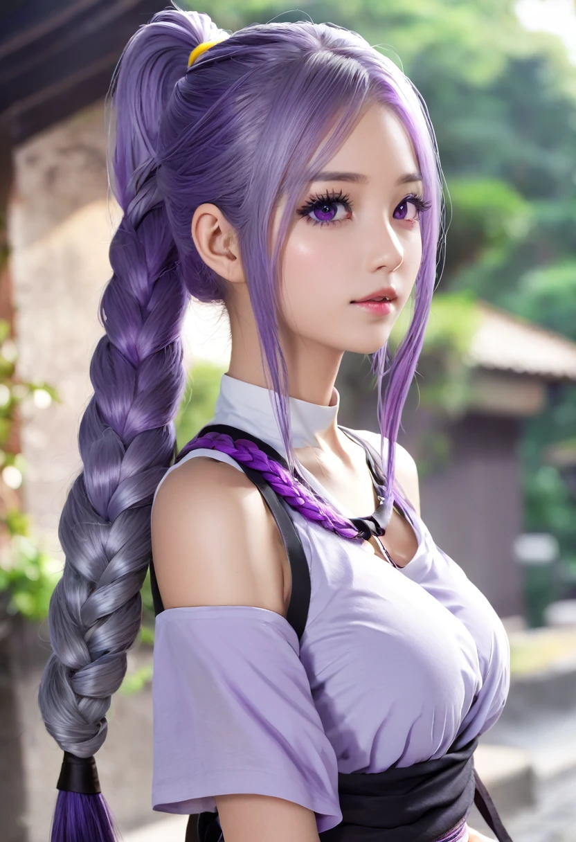 Inji,One girl,alone,purple_hair,purple_eye,very_length_hair,gray_hair,Braiding_ponytail,big_chest,Slope_hair,