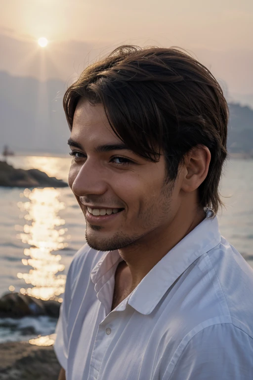 Hombre mirando al horizonte sobre un acantilado sonriendo, hiperrealista, 