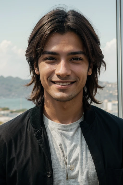 Hombre mirando al horizonte sobre un acantilado sonriendo, hiperrealista, 