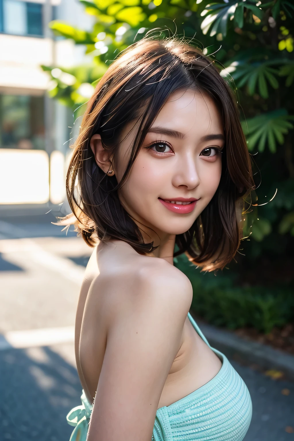 (8k, RAW Photos, highest quality, masterpiece, Realistic, Realistic), (1 female), (Ultimate beauty), Highly detailed face, (Perfect Teeth), Beautiful Eyes, double eyelid, eyelash, smile, Lip details, (Neat brunette bob), The light shines on your face, Big Breasts, ((Colorful mini dresses)), (front view), (background: none), Background blur