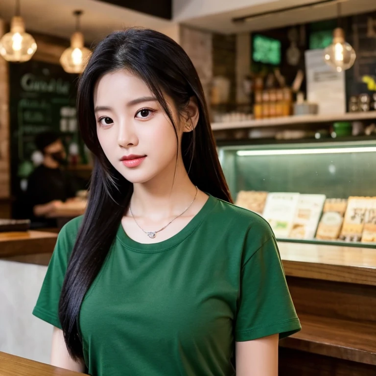 frontal photo Looking straight into the camera,8k quality,, Close-up photo of a cute Korean woman,Chest size 34 inches, His long, black hair flowed up.,) ponytail, Wear a dark green t-shirt., necklace, Inside the coffee shop,  Taken with a high quality camera 45,000,000 pixels, realistic light colors, 