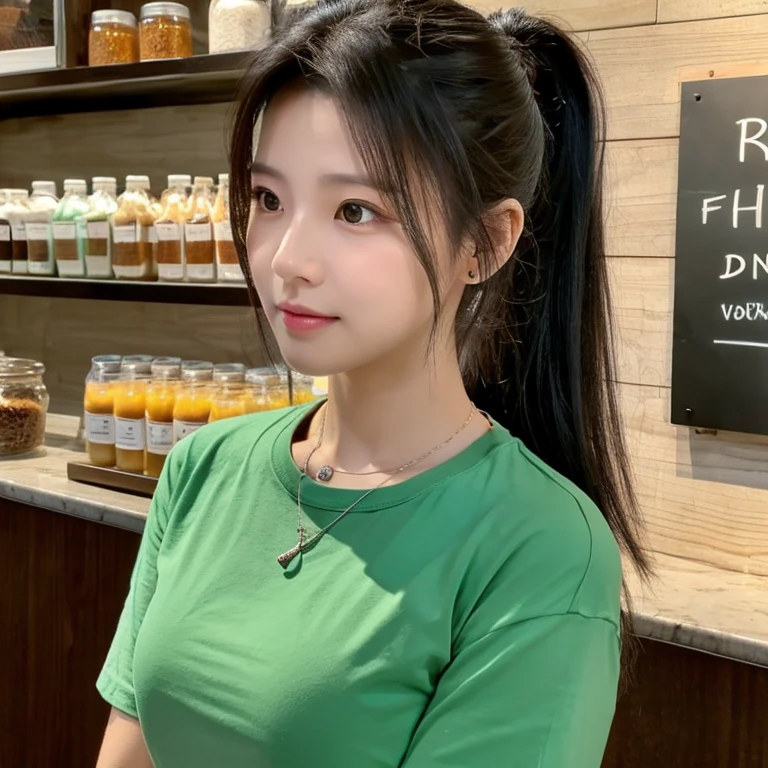 frontal photo Looking straight into the camera,8k quality,, Close-up photo of a cute Korean woman,Chest size 34 inches, His long, black hair flowed up.,) ponytail, Wear a dark green t-shirt., necklace, Inside the coffee shop,  Taken with a high quality camera 45,000,000 pixels, realistic light colors, 