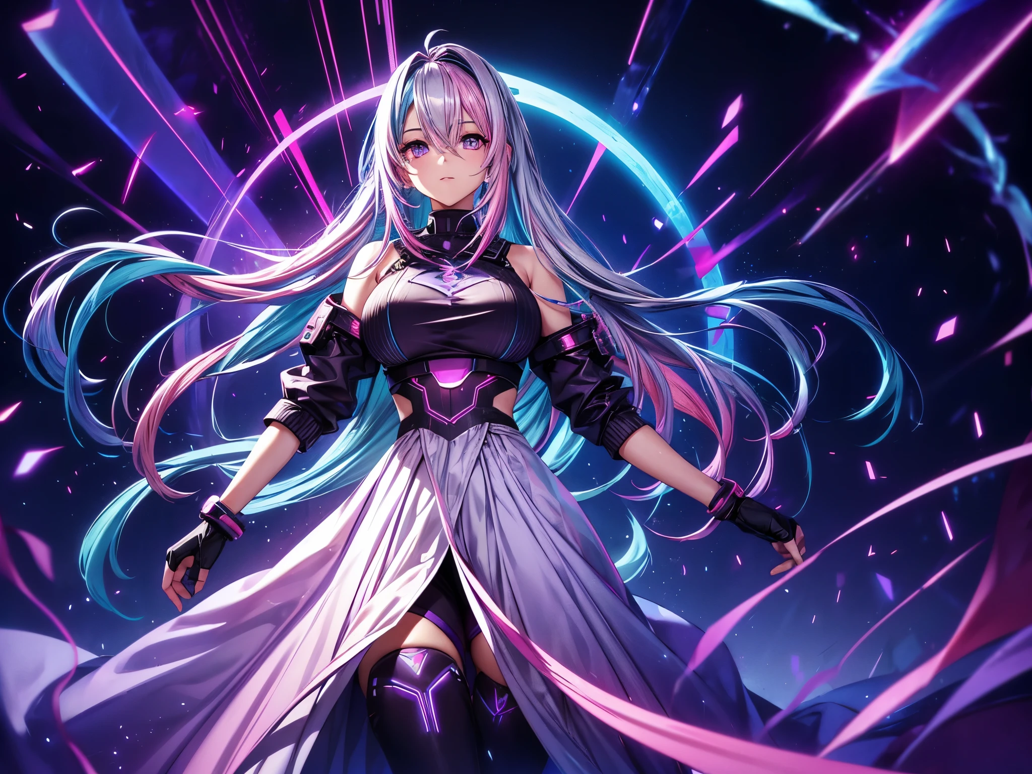 1 girl, 20 year old girl, one person, (Silver blue hair with pink and purple streaks:1.4), (Gradient sky blue hair:1.6), Hair, Absurdly long hair, One-side lock, curls, shiny hair, Flowing hair, (Illusion dark purple eyes), Delicateeyes, Aqua eyes, Super fine eyes, ((Glowing eyes)), cosmetic, focus on face, The facial details are very rich, Hot body, Random environment, Random pose, on the street, Looking at the stars, meteor, Technical clothing masterpiece, (White long skirt), There are a few cross stars next to it., Colored lights swirl around the body, (((A huge, colorful, complex, and multi-luminous magic array stands behind his head.))), Cyberpunk style, full-body shot, Realistic animation, Chiaroscuro, (Glowing lights), spark, Ray Tracing, movie lighting, Futurism, motion blur, Perfect transition, Divine Light, Atmospheric perspective, best quality, Ultra HD, Super Detail, masterpiece, Ultra-high resolution, precise, Retina, Octane Rendering, CG unity, symmetrical clothes, 