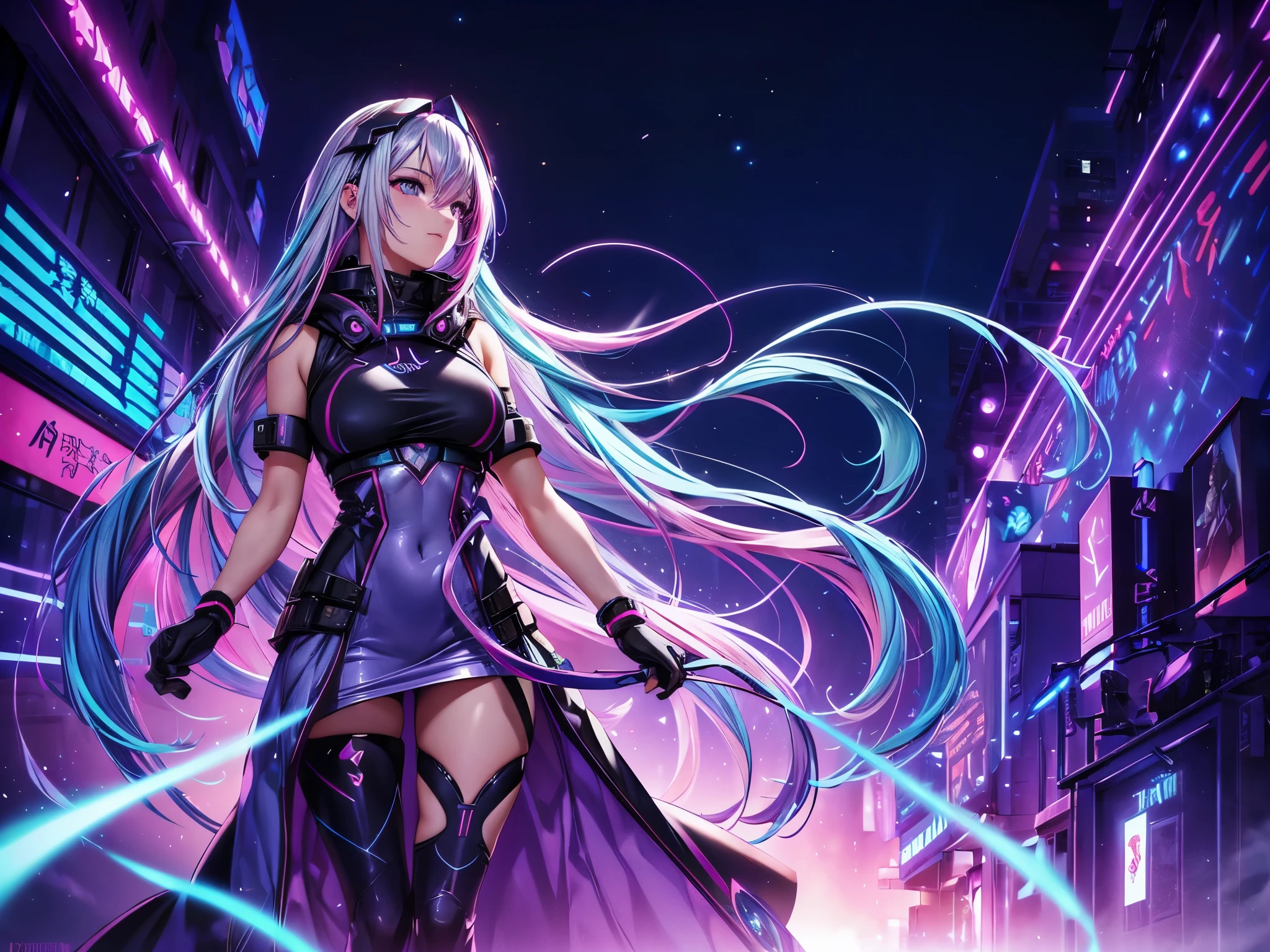 1 girl, 20 year old girl, one person, (Silver blue hair with pink and purple streaks:1.4), (Gradient sky blue hair:1.6), Hair, Absurdly long hair, One-side lock, curls, shiny hair, Flowing hair, (Illusion dark purple eyes), Delicateeyes, Aqua eyes, Super fine eyes, ((Glowing eyes)), cosmetic, focus on face, The facial details are very rich, Hot body, Random environment, Random pose, on the street, Looking at the stars, meteor, Technical clothing masterpiece, (White long skirt), There are a few cross stars next to it., Colored lights swirl around the body, (((A huge, colorful, complex, and multi-luminous magic array stands behind his head.))), Cyberpunk style, full-body shot, Realistic animation, Chiaroscuro, (Glowing lights), spark, Ray Tracing, movie lighting, Futurism, motion blur, Perfect transition, Divine Light, Atmospheric perspective, best quality, Ultra HD, Super Detail, masterpiece, Ultra-high resolution, precise, Retina, Octane Rendering, CG unity, symmetrical clothes, 