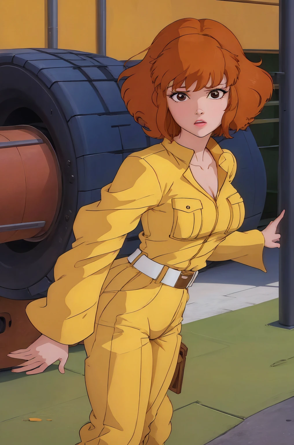 absurdres, april o'neil, 1girl, short brown hair, black eyes, upper body, yellow jumpsuit, sleeves rolled up, white belt full body view