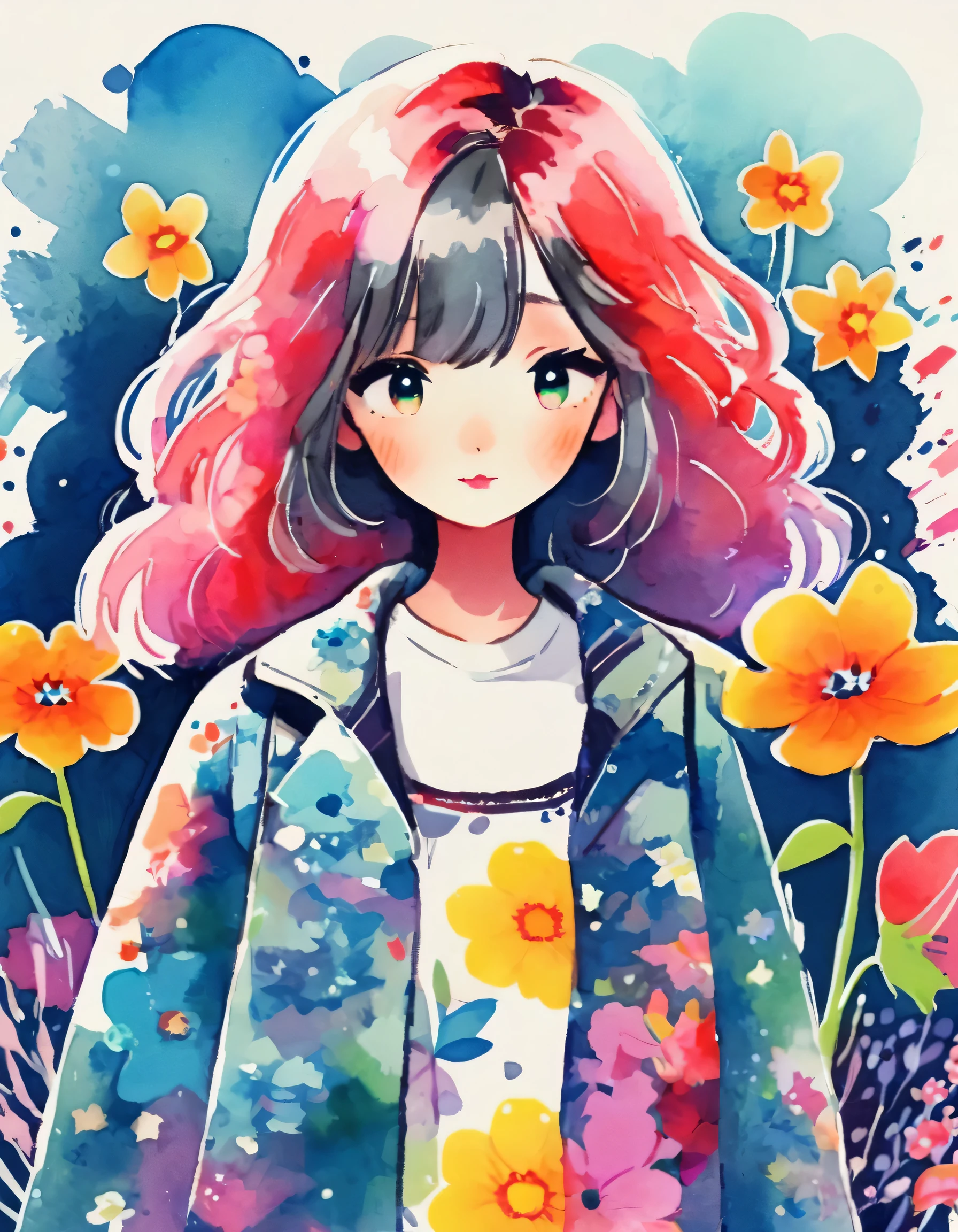 Machiko Satonaka Style、(((stylish fashion))), 8K Quality、Intense watercolor, Detailed watercolor art, Watercolor splash, Surreal, avant-garde pop art, Beautiful and expressive paintings, Beautiful artwork illustration, Very colorful tones, wonderful, Cool beauty, highest quality、Official Art, Vector art, Stylish design, (((The most beautiful girl))), (((highest quality))), HDR, ((detailed)), (((Doodle Art)), ((masterpiece)), ((Super detailed)), (((Colorful flowers))),(((Stylish)))