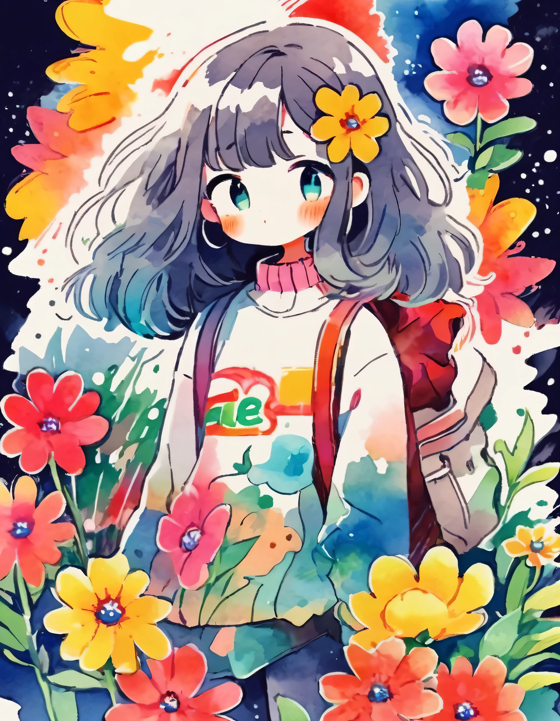 Machiko Satonaka Style、(((stylish fashion))), 8K Quality、Intense watercolor, Detailed watercolor art, Watercolor splash, Surreal, avant-garde pop art, Beautiful and expressive paintings, Beautiful artwork illustration, Very colorful tones, wonderful, Cool beauty, highest quality、Official Art, Vector art, Stylish design, (((The most beautiful girl))), (((highest quality))), HDR, ((detailed)), (((Doodle Art)), ((masterpiece)), ((Super detailed)), (((Colorful flowers))),(((Stylish)))