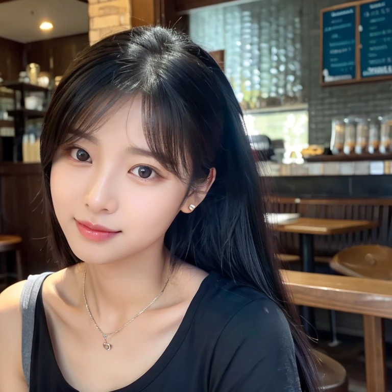 frontal photo Looking straight into the camera,8k quality,, Close-up photo of a cute Korean woman,Chest size 34 inches, His long, black hair flowed up.,) ponytail, Wear a dark blue t-shirt., necklace, Inside the coffee shop,  Taken with a high quality camera 45,000,000 pixels, realistic light colors, 