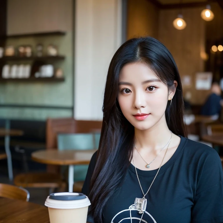 frontal photo Looking straight into the camera,8k quality,, Close-up photo of a cute Korean woman,Chest size 34 inches, His long, black hair flowed up.,) ponytail, Wear a dark blue t-shirt., necklace, Inside the coffee shop, Taken with a high quality camera 45,000,000 pixels, realistic light colors,