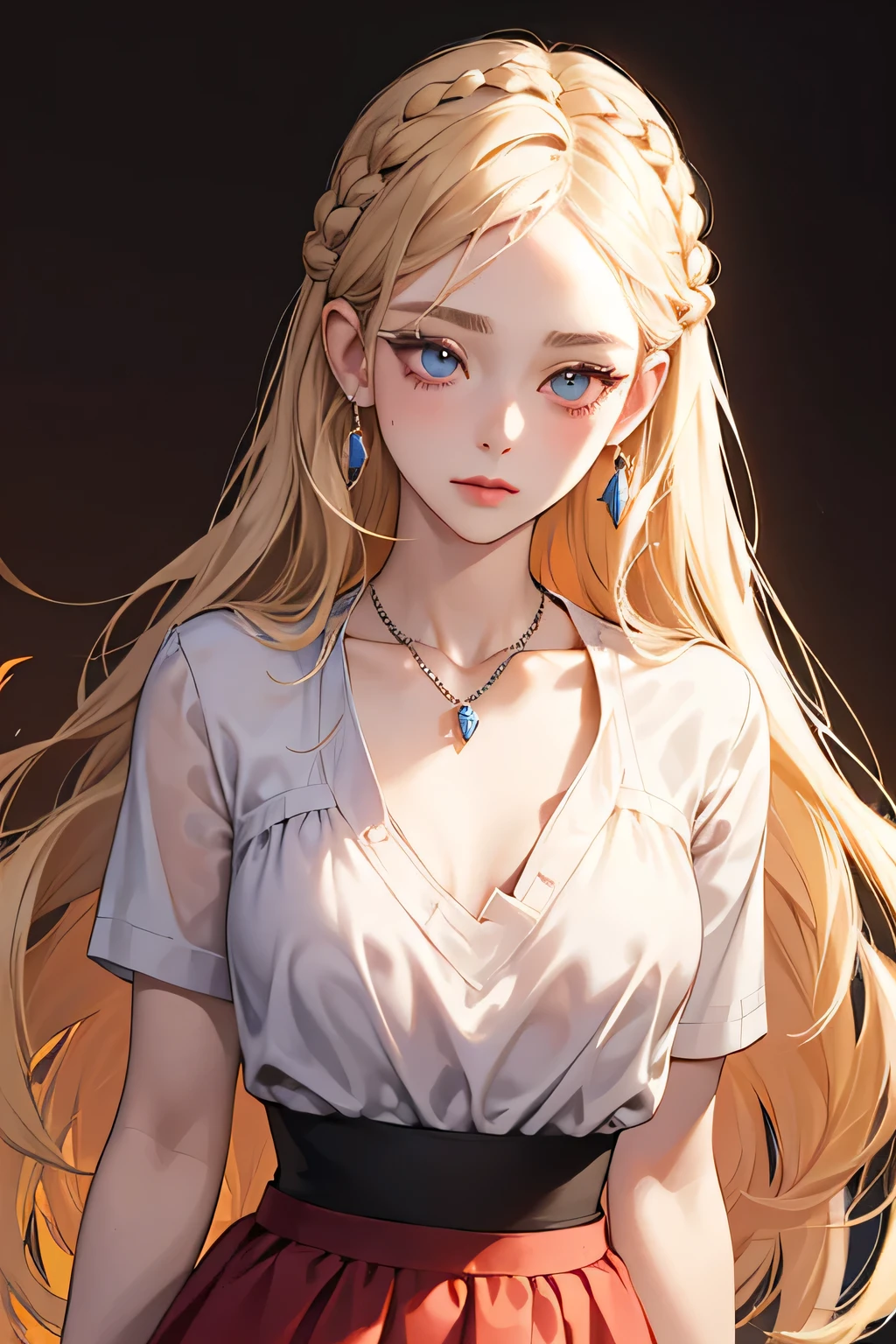 (extreamly delicate and beautiful:1.2), 8K,(masterpiece:1.0),(best_quality:1.0), 1 girl,model and intricate detailing, Enlarged textures, and intricate detailing, finely eye and detailed face, and intricate detailing, shiraga, platinum blonde curls long hair, (closed mouths), Perfect eyes, Equal eyes, slanted eyes, eyes (A famale god) with black polo croptee croptop short sleeved shirt and red short skirt, clementine eyes perfect, perfect, earing, hairpin, perfect body, sexy body, clementine blue perfect eyes, lips nude, necklace, little blush on nude, braid hair, look at camera, clementine eyes, clementine eyes, color eyes is clementine