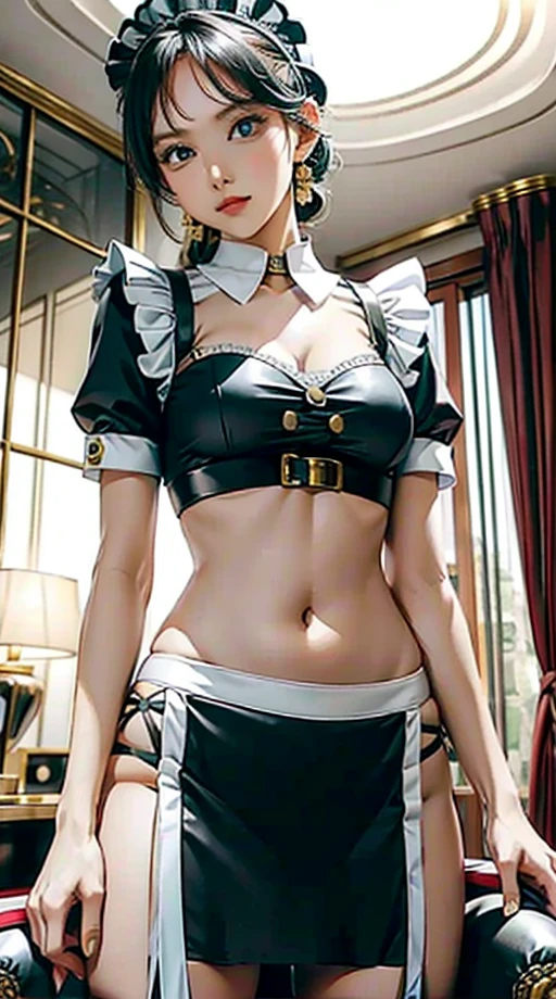 Woman in crop top maid uniform, showing navel, Mansion