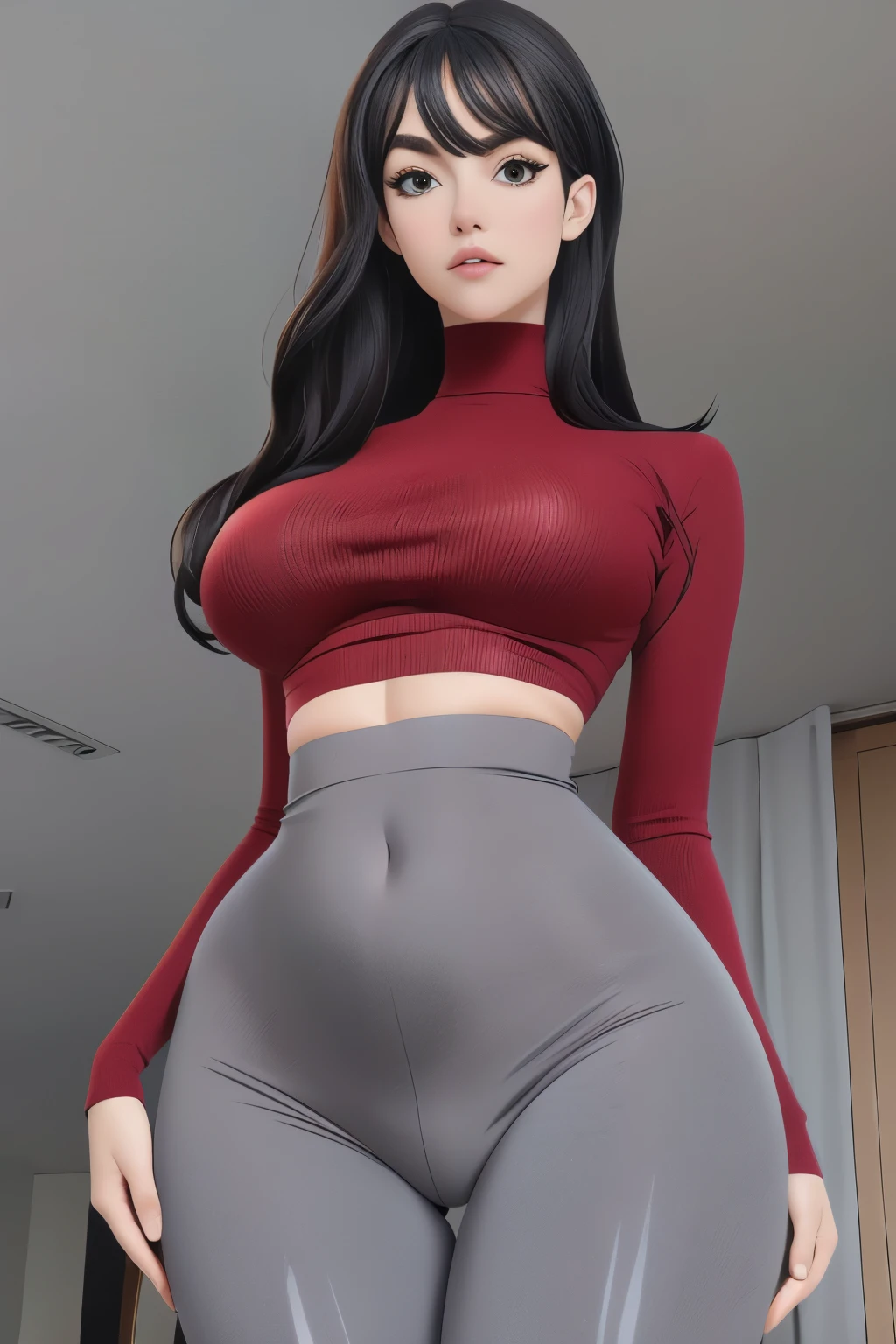 (Masterpiece:1.2, Best quality), Realistic, (Real picture, Intricate details, Depth of field, standing, standing towards viewer, perfectly aligned to viewer, legs far apart, open legs, thigh gap, looking at viewer, High neck clothes), crop sweater, sleeveless sweater, stomach visible, light color sweater, parted lip, highly detailed, Perfect face, Perfect body, wide hips, inflated hips, slim waist,
Younge woman, shiny eyes, shiny skin, medium hair, Tall, Long legs, thick thighs,
Natural background bokeh, perfect round breasts,