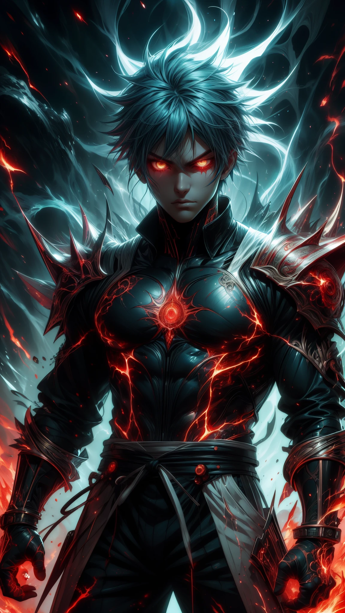 (Aesthetic, Hi-Res: 1.2), Get ready for a visual feast with Supper man 20 years old, solo, brilliant blue hair and tattoos, a creature with a handsome face and piercing golden eyes. In his transformed state, he radiates extreme instinct and power, creating an epic anime about this man of energy. See how he manipulates fire and lava in stunning anime artwork that will blow your mind. This concept art is straight from the Bleach Universe, with manga-style 8k wallpapers that will transport you to another dimension. Get ready to be amazed by this detailed piece of digital anime art, showcasing the ultimate combination of style and power.