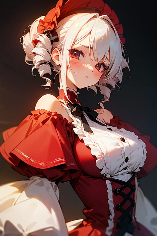 Short white hair, blush, one piece、Punk Fashion、Headbang 2.、Red clothes、Elegant Lolita、Victorian Maiden、Twin Drill、My hair is curly、Off the shoulder、