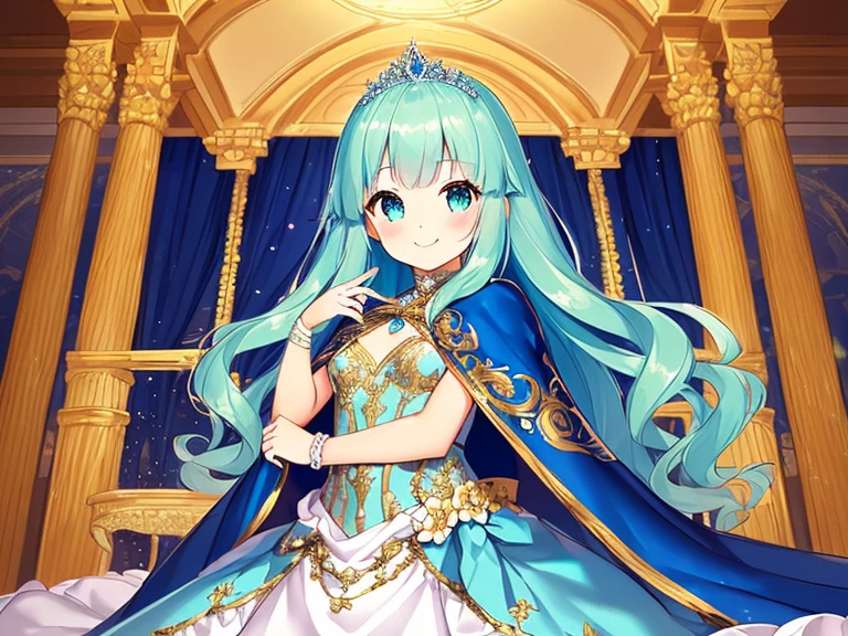 (kawaii),(best quality),(ultra detailed), upper body,(rococo style),(long train mint blue cape:1.05), very long cape,(long train mint blue ball gown with flower decorations:1.05), a girl is wearing a cape over her gown, 1 princess, tiara, smile, small breasts, very long hair