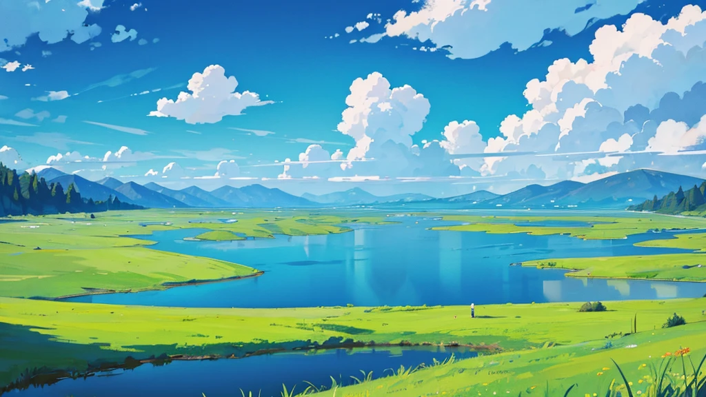 Vast grasslands,Blue sky and white clouds,lake,