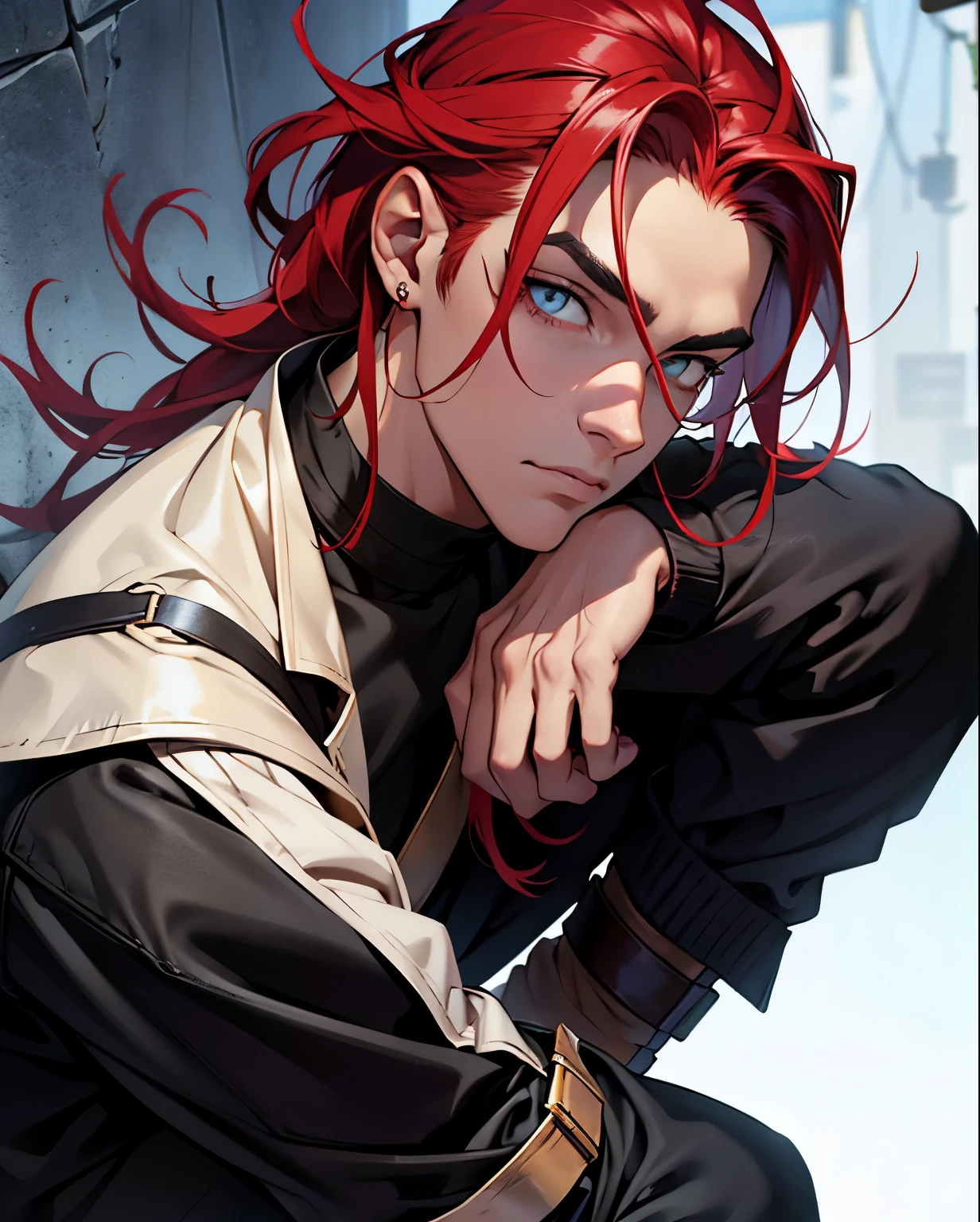 personagem masculino, olhos amarelos: 2:4 , cabelo vermelho, cabelo cobrindo levemente os olhos, grande capuz preto cobrindo o rosto, casaco fechado, expressionless appearance, Botas pretas, de humor triste