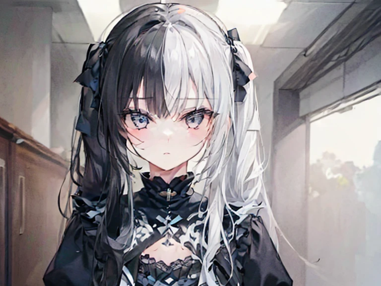 highest quality、highest quality、8k、Ultra-high resolution、highest quality、Very detailed、Perfect Face、Very detailed、Very delicate、1 boy, ((alone))、,Anime Style、church、Twin tails、(One Girl)、Two-tone hair, Black and White,Black and White、2 Tone,(hlfcol haired girl with black and white hair),(1 girl:1.9),left_right,