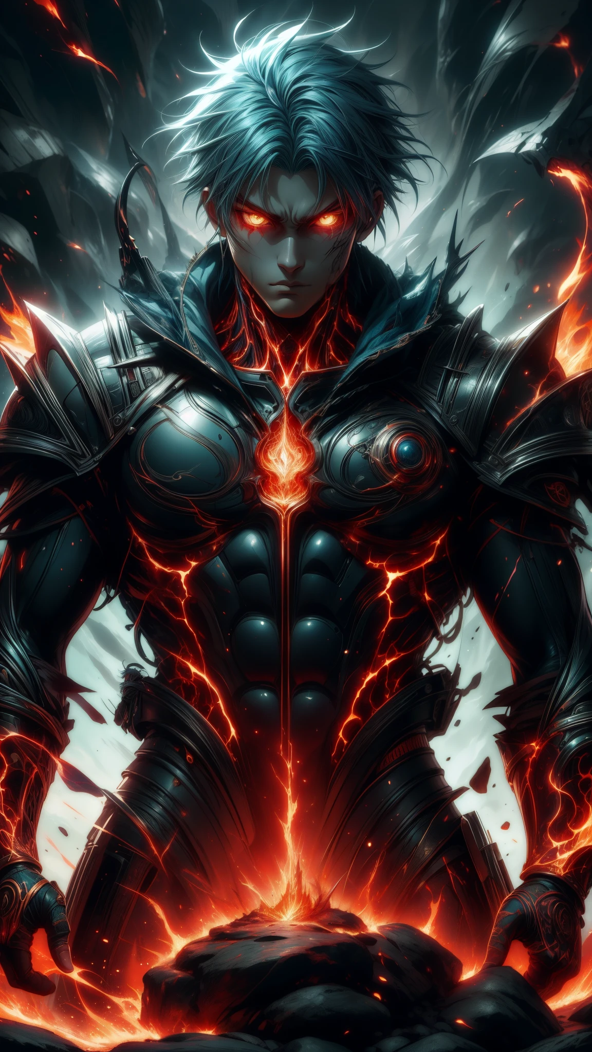 (Aesthetic, Hi-Res: 1.2), Get ready for a visual feast with Supper man 20 years old, solo, brilliant blue hair and tattoos, a creature with a handsome face and piercing golden eyes. In his transformed state, he radiates extreme instinct and power, creating an epic anime about this man of energy. See how he manipulates fire and lava in stunning anime artwork that will blow your mind. This concept art is straight from the Bleach Universe, with manga-style 8k wallpapers that will transport you to another dimension. Get ready to be amazed by this detailed piece of digital anime art, showcasing the ultimate combination of style and power.