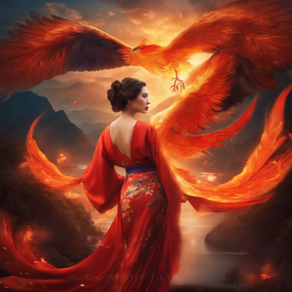Beautiful woman in kimono Phoenix on the background Fantastic high resolution