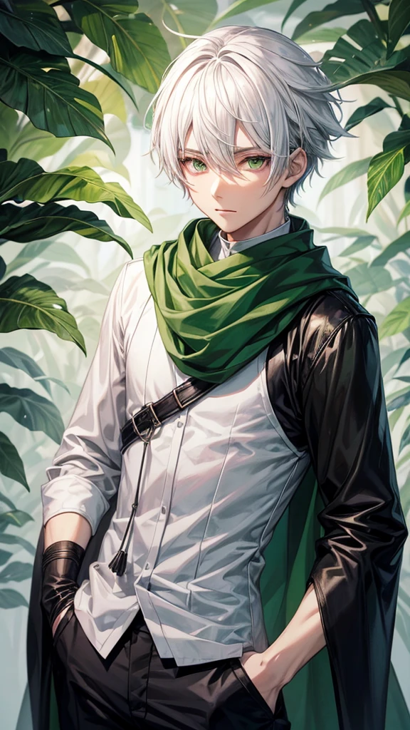 Anime boy with white hair, black clothes, wearing a green scarf, leaf-colored pants